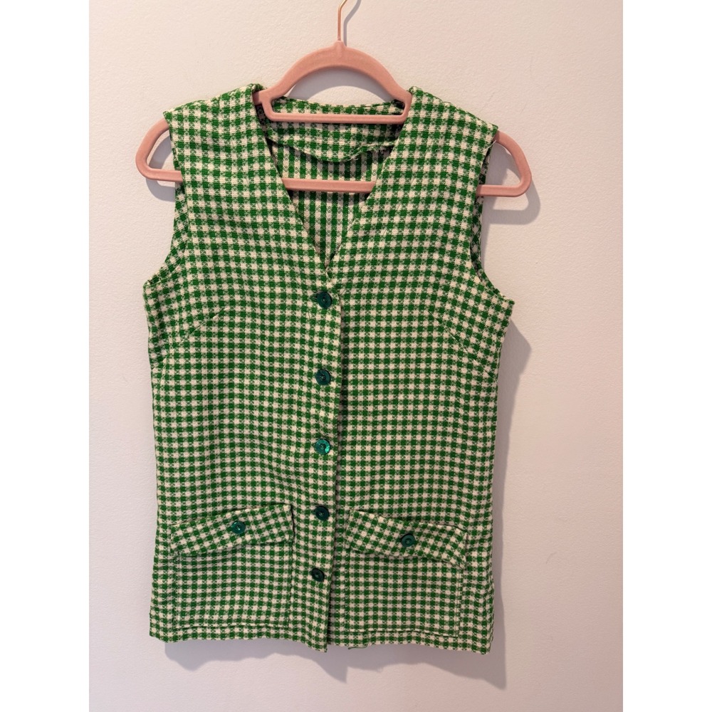 Vintage 70s Gingham Check Woven Button Front Longline Vest